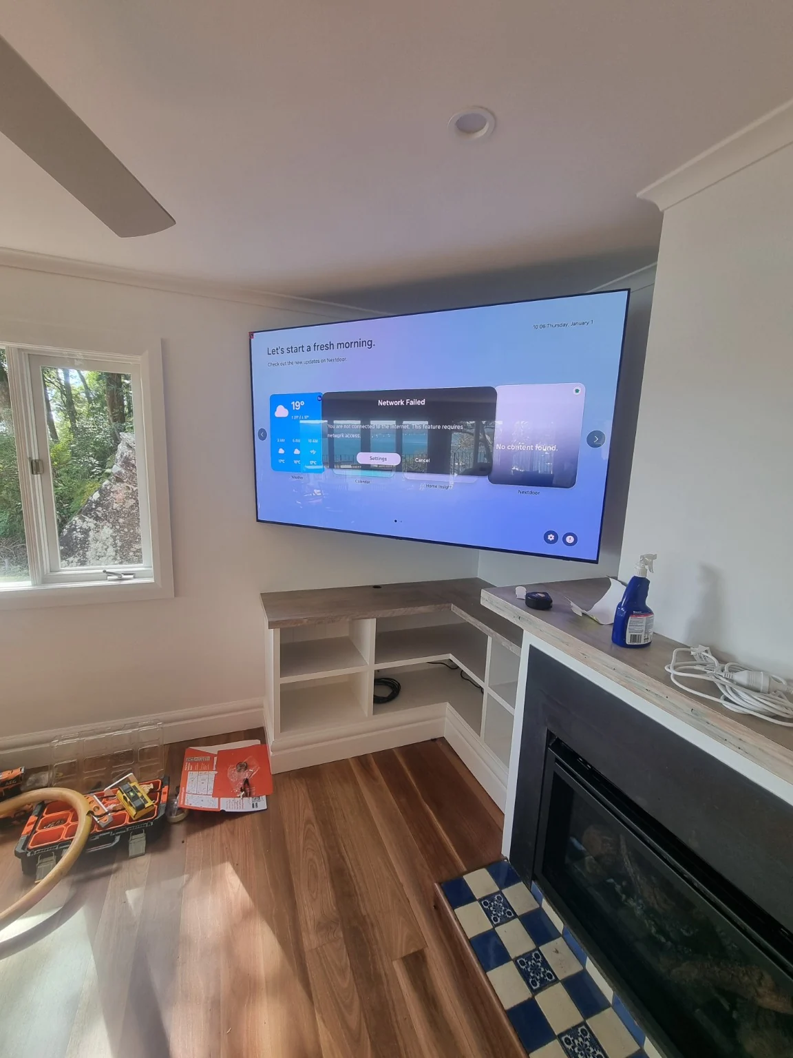 A television positioned for a compact living area.