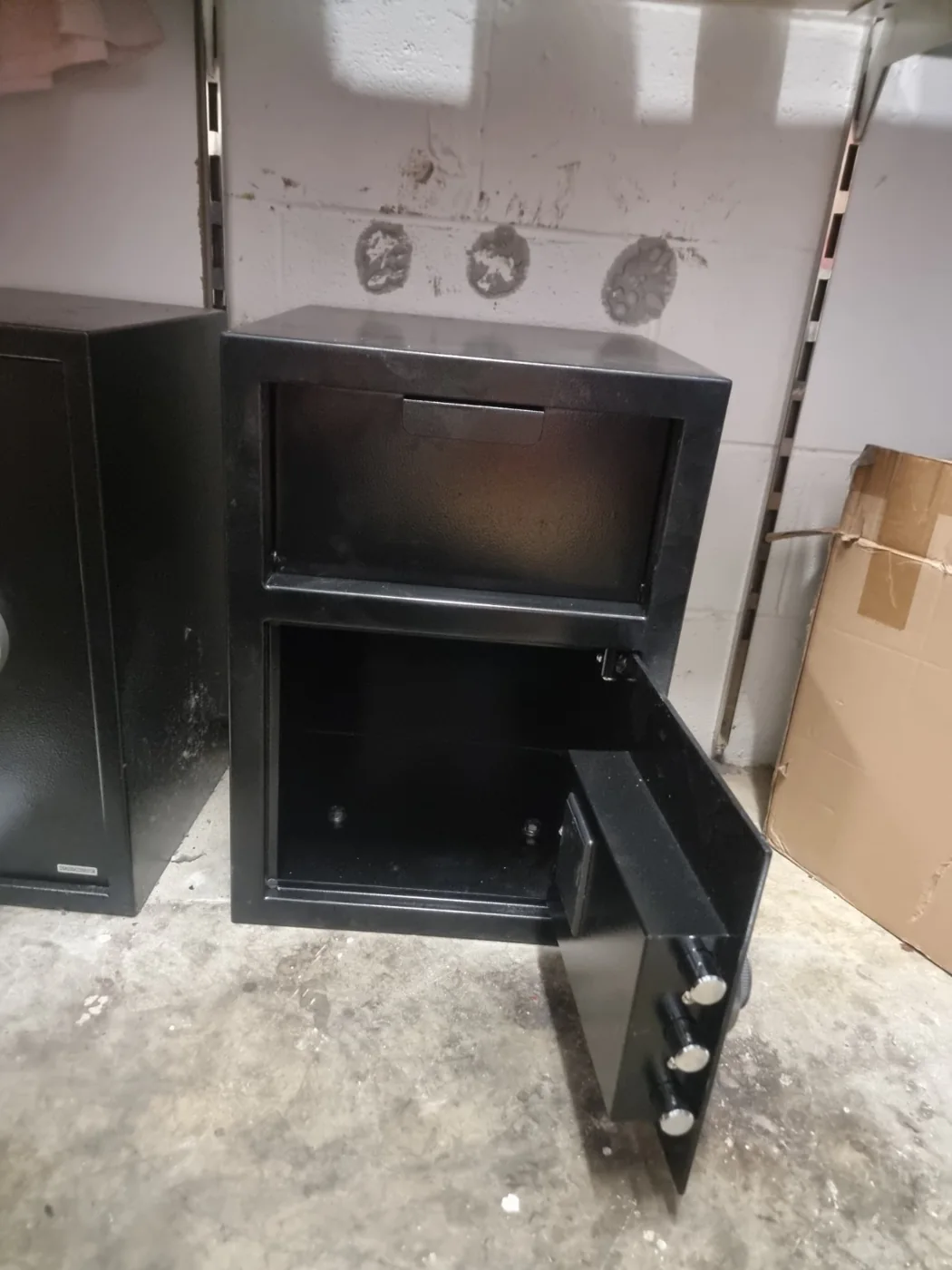 The installed safe with the doors open.