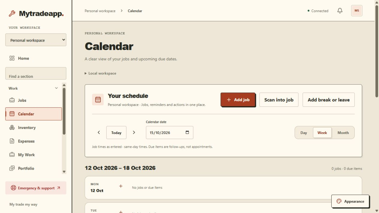 Mytradeapp local development Calendar screen, showing an empty week and controls to add a job or a break