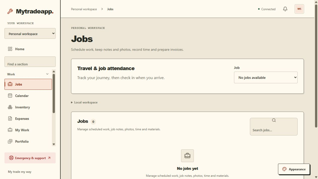 Mytradeapp local development Jobs screen showing an empty personal workspace, travel and job attendance, and job search