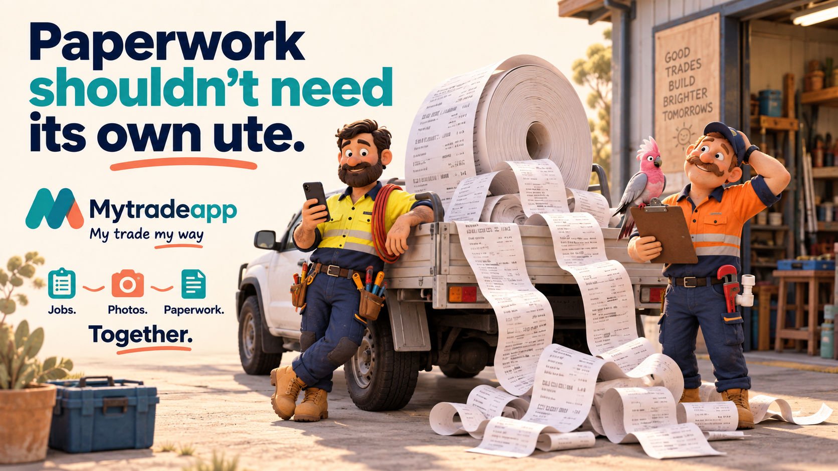 Mytradeapp campaign illustration of tradies and a ute overflowing with paperwork
